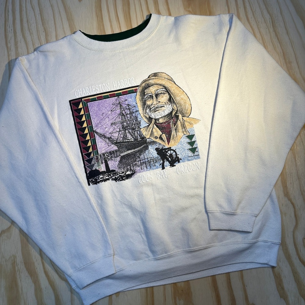 Vintage Alore Charleston Harbor Goos Bay Oregon Graphic Sweatshirt XL Cream